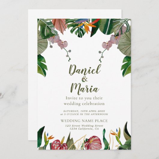 Invitation Mariage d'aquarelle de verdure tropical (Devant / Derrière)