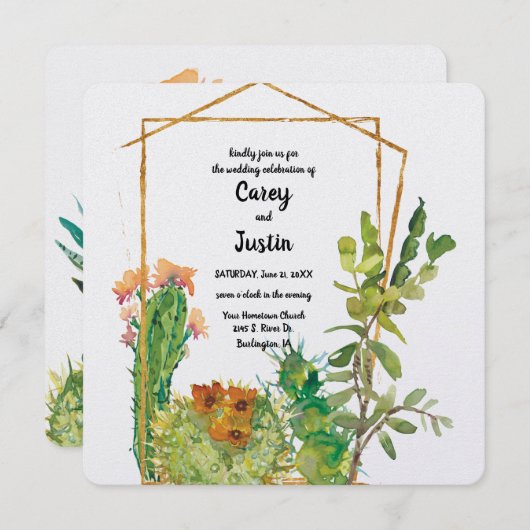 Invitation Mariage d'aquarelle Desert Cactus (Devant / Derrière)