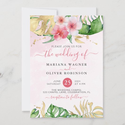 Invitation Mariage d'aquarelle d'or floral tropical (Devant)