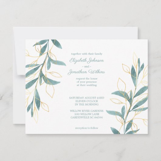 Invitation Mariage d'aquarelle doré vert (Devant)