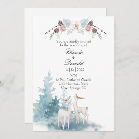 Invitation Mariage d'aquarelle du cerf et du feuillage d'hive (Devant / Derrière)