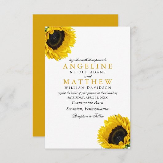 Invitation Mariage d'aquarelle élégant à fleurs de soleil (Devant / Derrière)