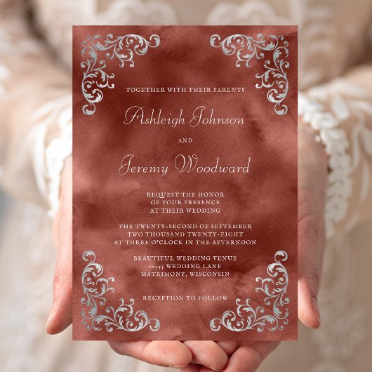 Invitation Mariage d'aquarelle en argent vintage