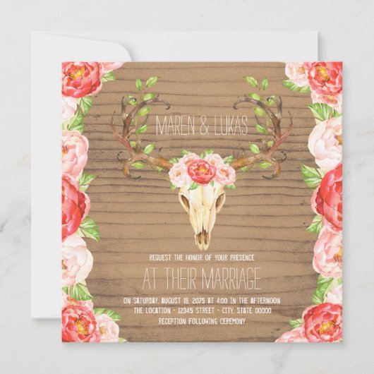 Invitation Mariage d'aquarelle en bois rustique Deer Antler (Devant)