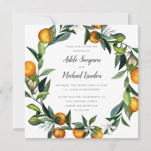 Invitation Mariage d'aquarelle en fer Tangerine Citrus (Devant)