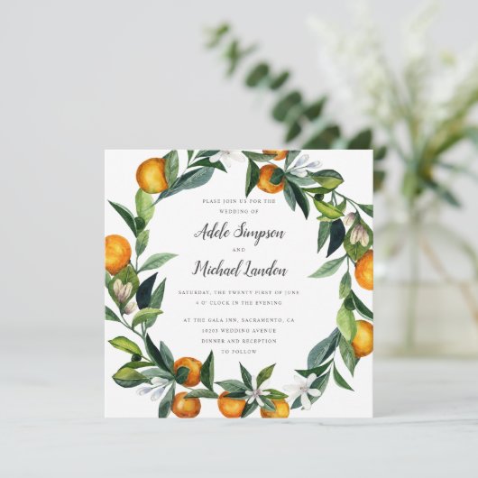 Invitation Mariage d'aquarelle en fer Tangerine Citrus (Debout devant)