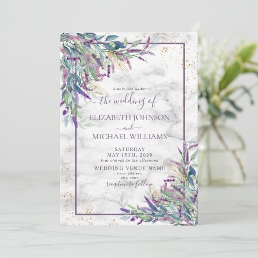 Invitation Mariage d'aquarelle en or violet de lavande rustiq (Debout devant)