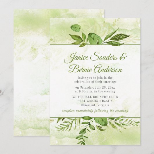 Invitation Mariage d'aquarelle encadré de verdure (Devant / Derrière)