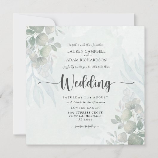 Invitation Mariage d'aquarelle Eucalyptus de verdure rustique (Devant)