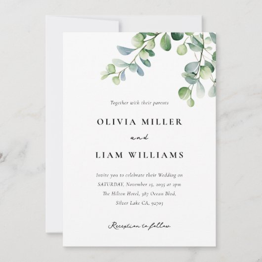 Invitation Mariage d'aquarelle Eucalyptus vert (Devant)