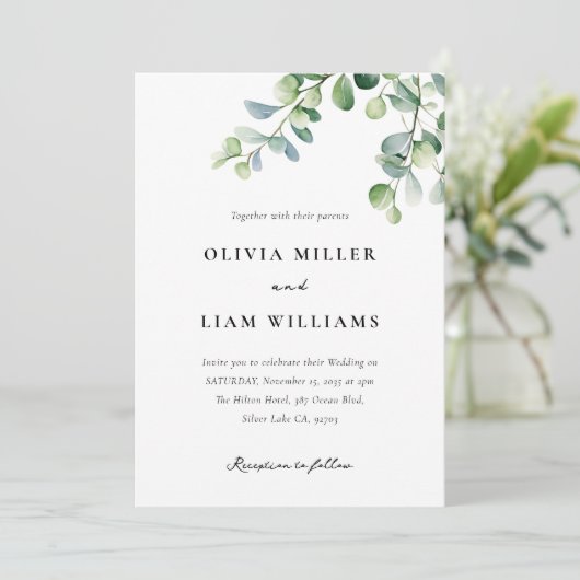 Invitation Mariage d'aquarelle Eucalyptus vert (Debout devant)