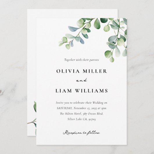 Invitation Mariage d'aquarelle Eucalyptus vert (Devant / Derrière)
