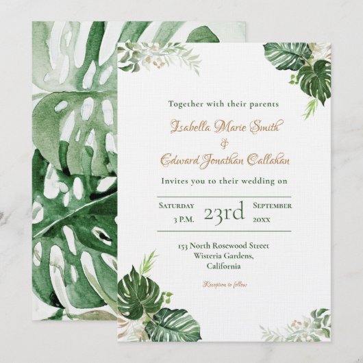 Invitation Mariage d'aquarelle Feuille de Monstera verte trop (Devant / Derrière)