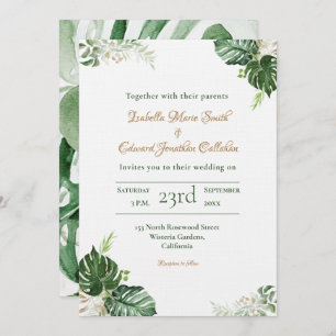 Invitation Mariage d'aquarelle Feuille de Monstera verte trop