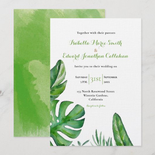 Invitation Mariage d'aquarelle Feuille de Monstera verte trop (Devant / Derrière)