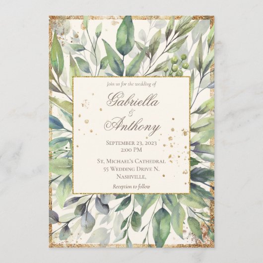 Invitation Mariage d'aquarelle Feuille Rustique Gold Greenery (Devant)
