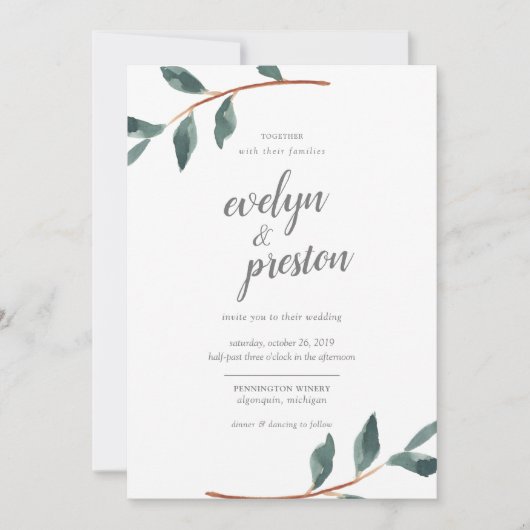 Invitation Mariage d'aquarelle Feuille simple (Devant)
