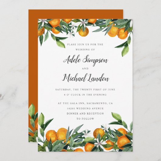 Invitation Mariage d'aquarelle feuille Tangerine Citrus (Devant / Derrière)