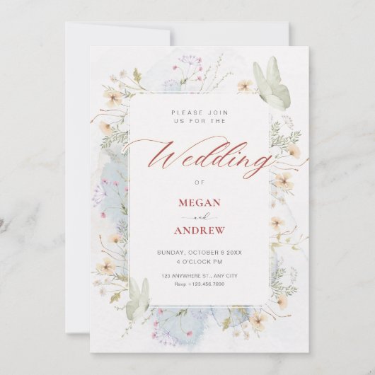 Invitation Mariage d'aquarelle fleur sauvage gris (Devant)