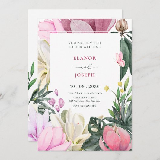 Invitation Mariage d'aquarelle fleurie (Devant / Derrière)