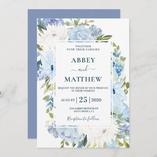 Invitation Mariage d'aquarelle fleurie bleu foncé (Devant / Derrière)