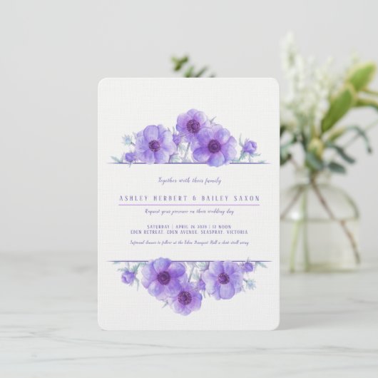 Invitation Mariage d'aquarelle fleurie d'anémone violet (Debout devant)