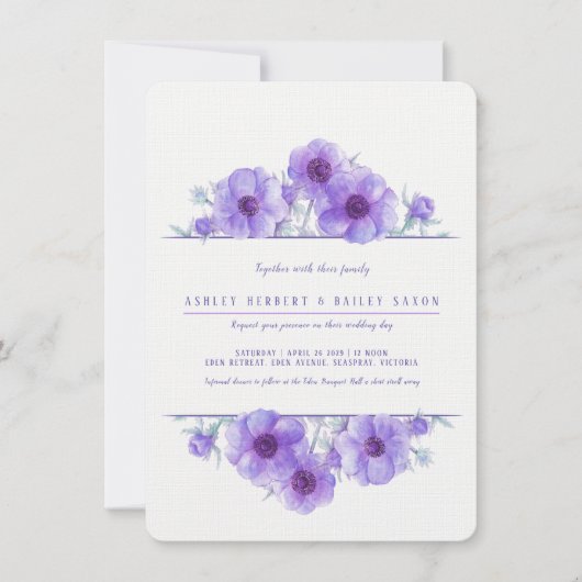 Invitation Mariage d'aquarelle fleurie d'anémone violet (Devant)