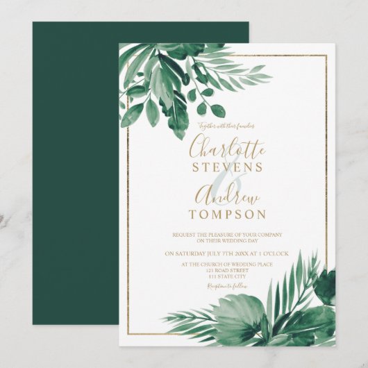 Invitation Mariage d'aquarelle fleurie de palme tropicale (Devant / Derrière)