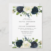 Invitation Mariage d'aquarelle florale blanc bleu marine et c (Devant)