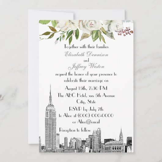 Invitation Mariage d'aquarelle florale blanche NYC Skyline ES (Devant)