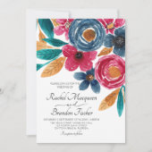 Invitation Mariage d'aquarelle florale bleu Bourgogne (Devant)