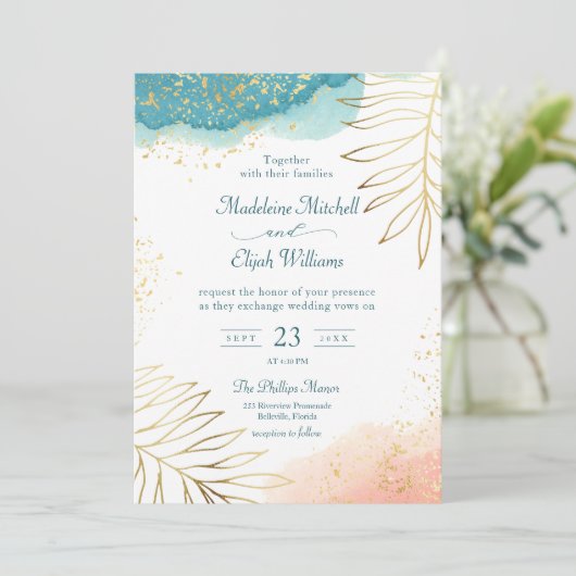 Invitation Mariage d'aquarelle florale Blush or moderne (Debout devant)