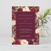 Invitation Mariage d'aquarelle florale bordeaux (Debout devant)
