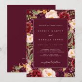 Invitation Mariage d'aquarelle florale bordeaux (Devant / Derrière)