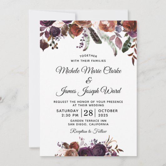 Invitation Mariage d'aquarelle florale de Bourgogne moderne (Devant)