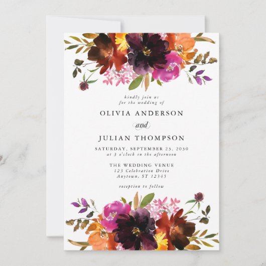 Invitation Mariage d'aquarelle florale de Chute rose Maroon (Devant)
