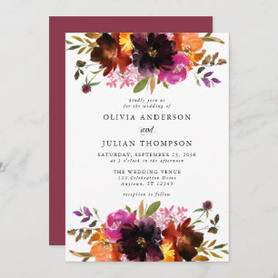 Invitation Mariage d'aquarelle florale de Chute rose Maroon