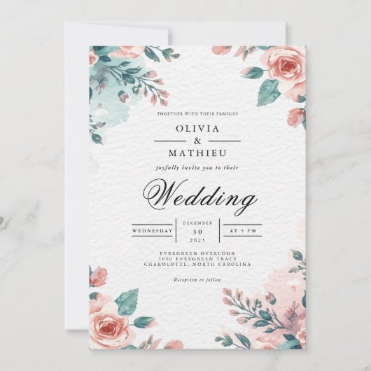 Invitation Mariage d'aquarelle florale de corail doux (Devant)
