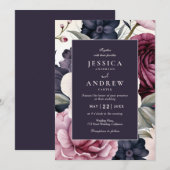 Invitation Mariage d'aquarelle florale de prune bordeaux (Devant / Derrière)