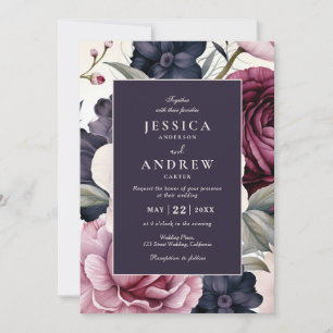 Invitation Mariage d'aquarelle florale de prune bordeaux