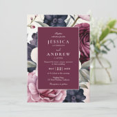 Invitation Mariage d'aquarelle florale de prune bordeaux (Debout devant)