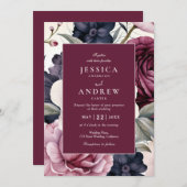 Invitation Mariage d'aquarelle florale de prune bordeaux (Devant / Derrière)