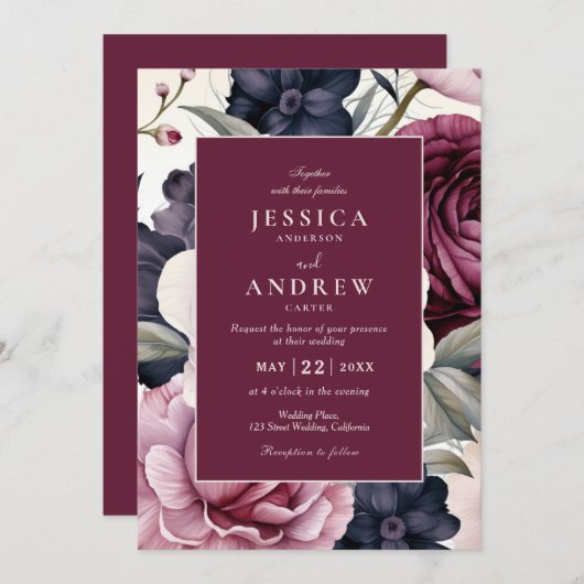 Invitation Mariage d'aquarelle florale de prune bordeaux (Devant / Derrière)