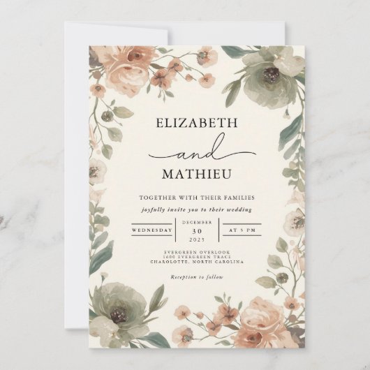 Invitation Mariage d'aquarelle florale Dusty Rose (Devant)