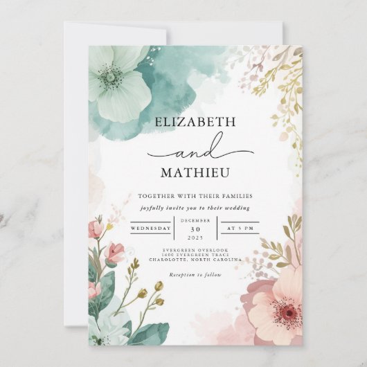 Invitation Mariage d'aquarelle florale éthéré (Devant)