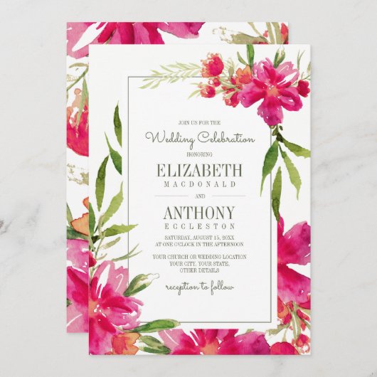 Invitation Mariage d'aquarelle florale Fuchsia vert romantiqu (Devant / Derrière)