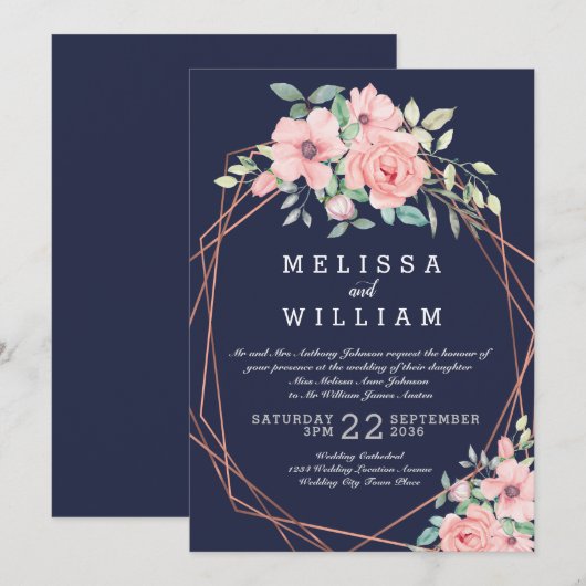 Invitation Mariage d'aquarelle florale géométrique en cuivre (Devant / Derrière)