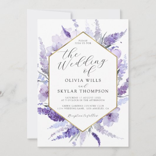 Invitation Mariage d'aquarelle florale Lavender Gold Frame (Devant)