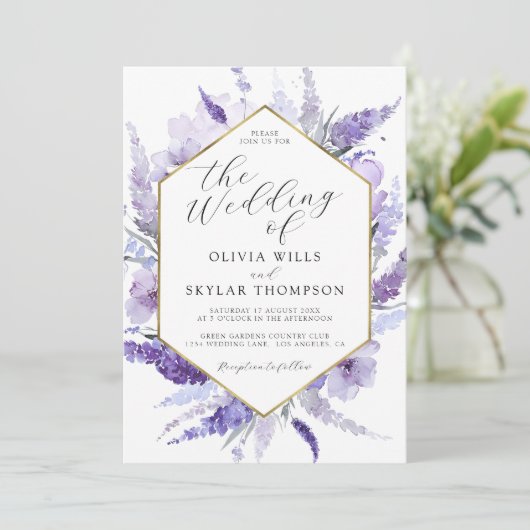 Invitation Mariage d'aquarelle florale Lavender Gold Frame (Debout devant)