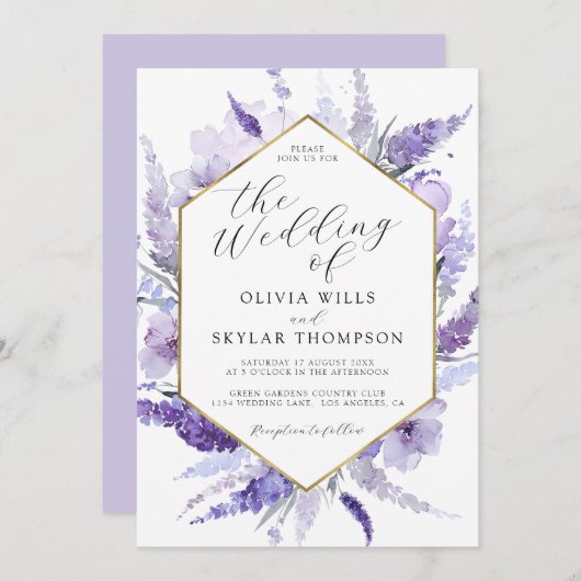 Invitation Mariage d'aquarelle florale Lavender Gold Frame (Devant / Derrière)